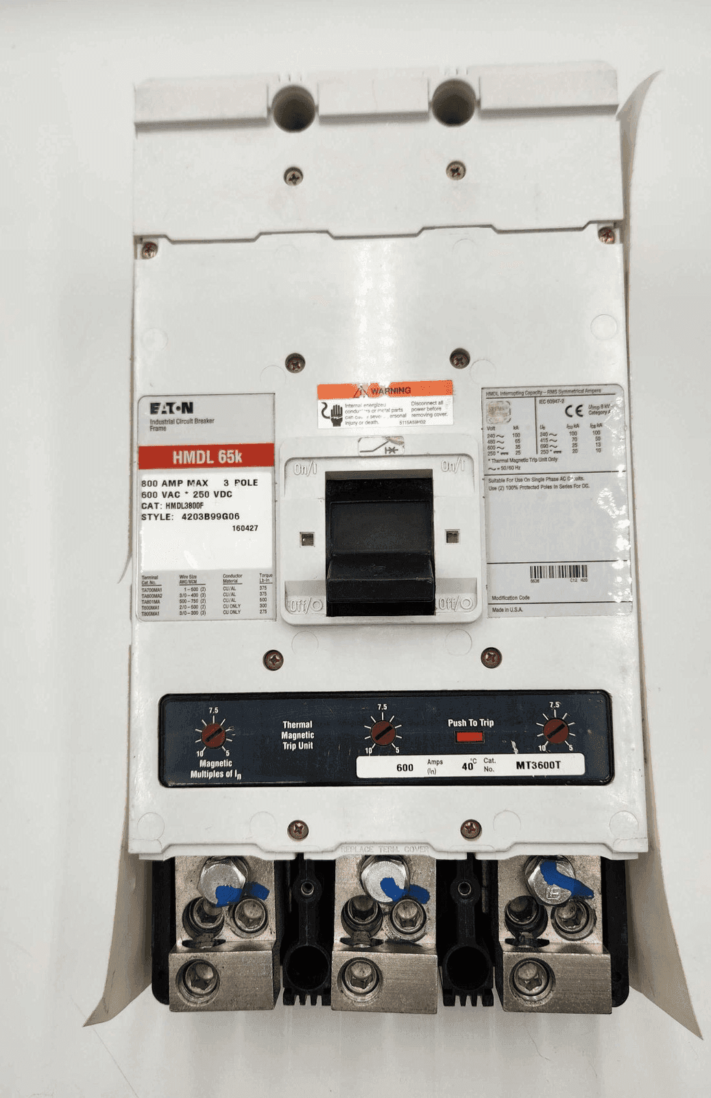 Eaton HMDL3800 Circuit Breaker 800A 600V 3P with 600A Trip Unit