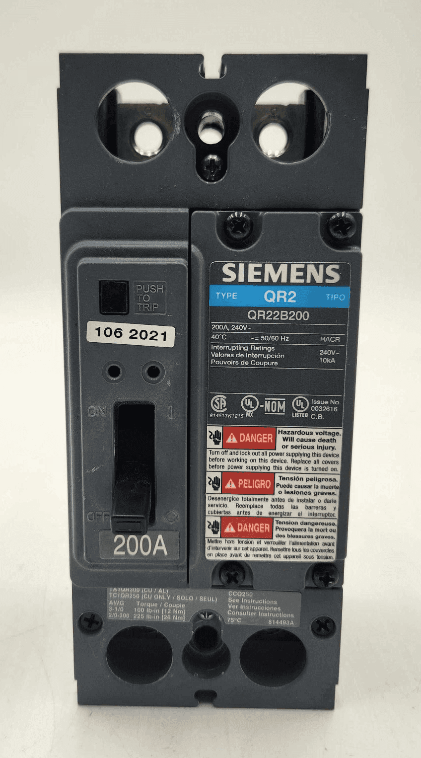 Siemens QR22B200 Circuit Breaker 200A 240V 2 Pole