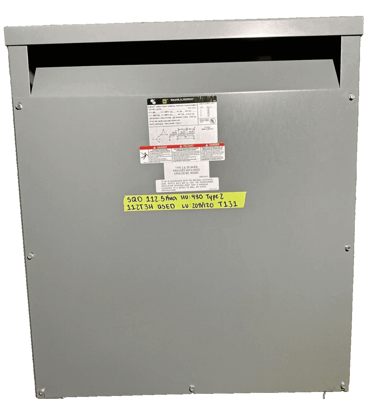 112.5KVA SQD 112T3H Transformer Pri 480V Sec 208/120V 3PH Type 2 Encl