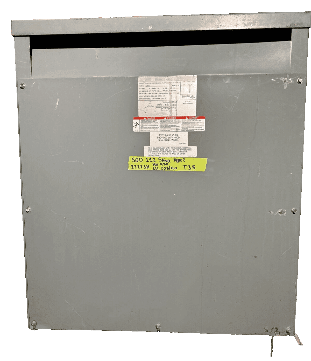 112.5KVA Square D 112T3H Transformer HV 480V LV 208Y/120V 3PH 60Hz NEMA 1 3Phase