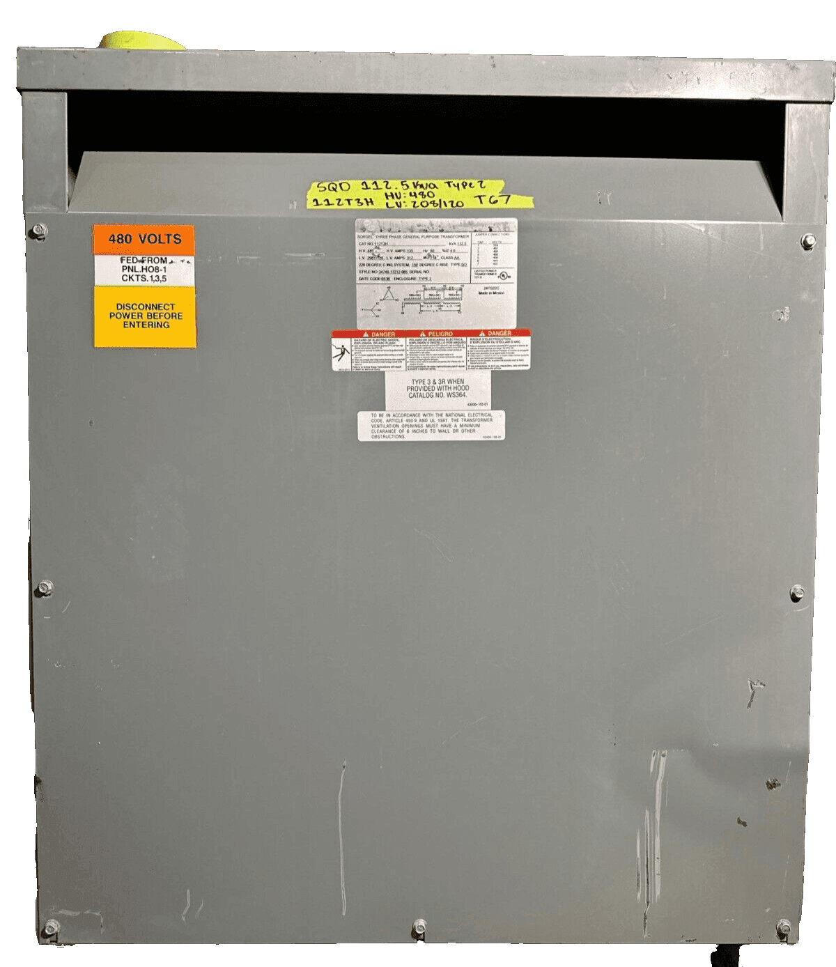 112.5KVA Sq D 112T3H Transformer HV 480V LV 208Y/120V 3 Phase 60Hz NEMA 1 3PH