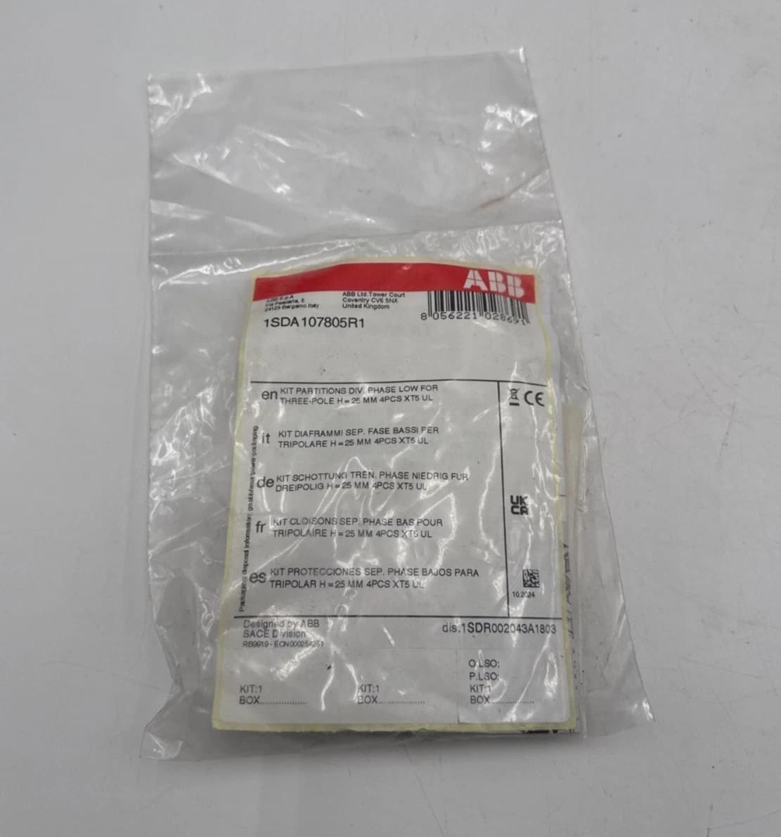 ABB 1SDA107805R1 Kit Partitions Div. Phase Low for 3 Pole H=25mm XT5 UL 4PCS