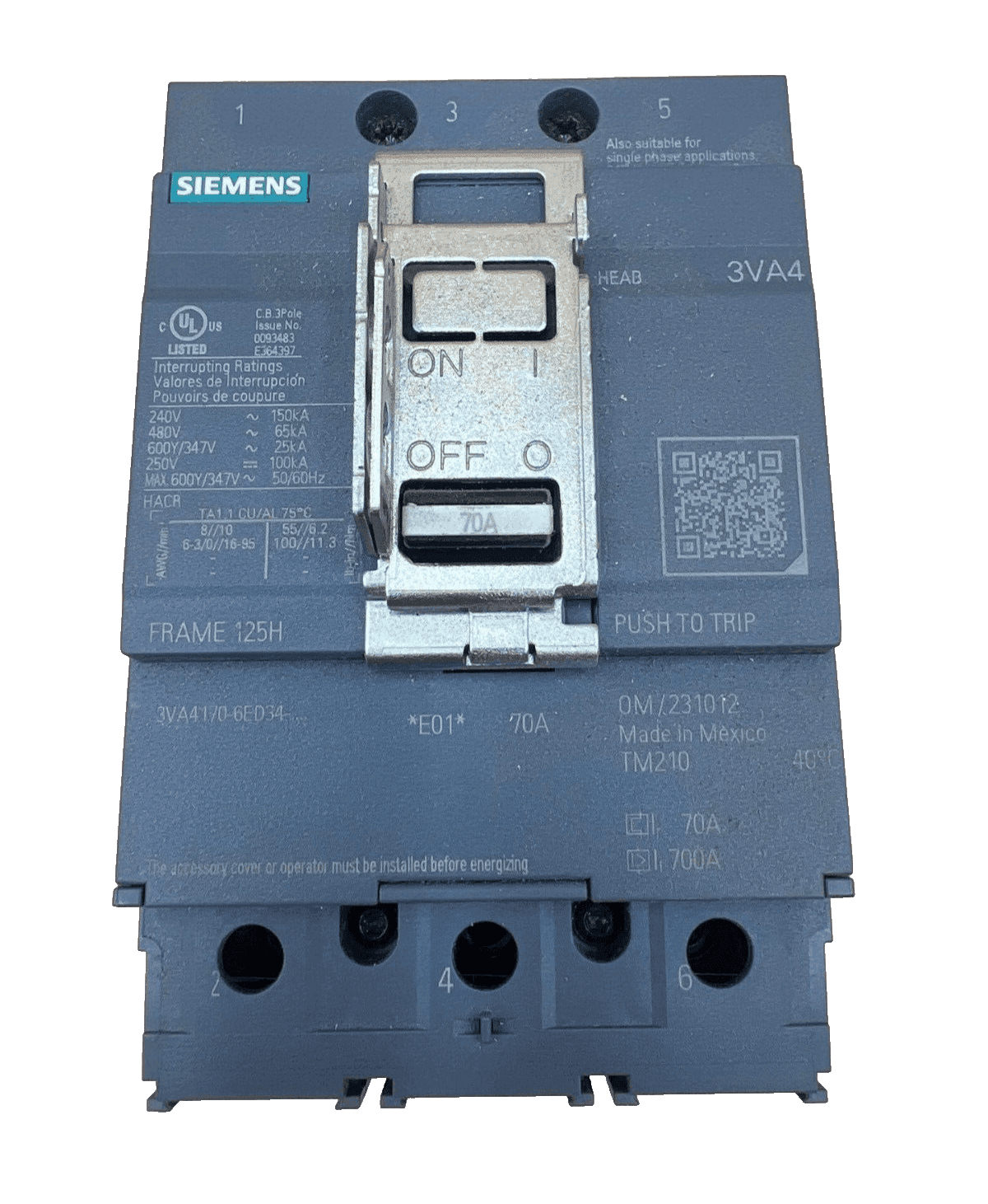 Siemens 3VA4170-6ED34-0AA0 Circuit Breaker 70A 600V 3P Bolt On 70 Amp 3 Pole