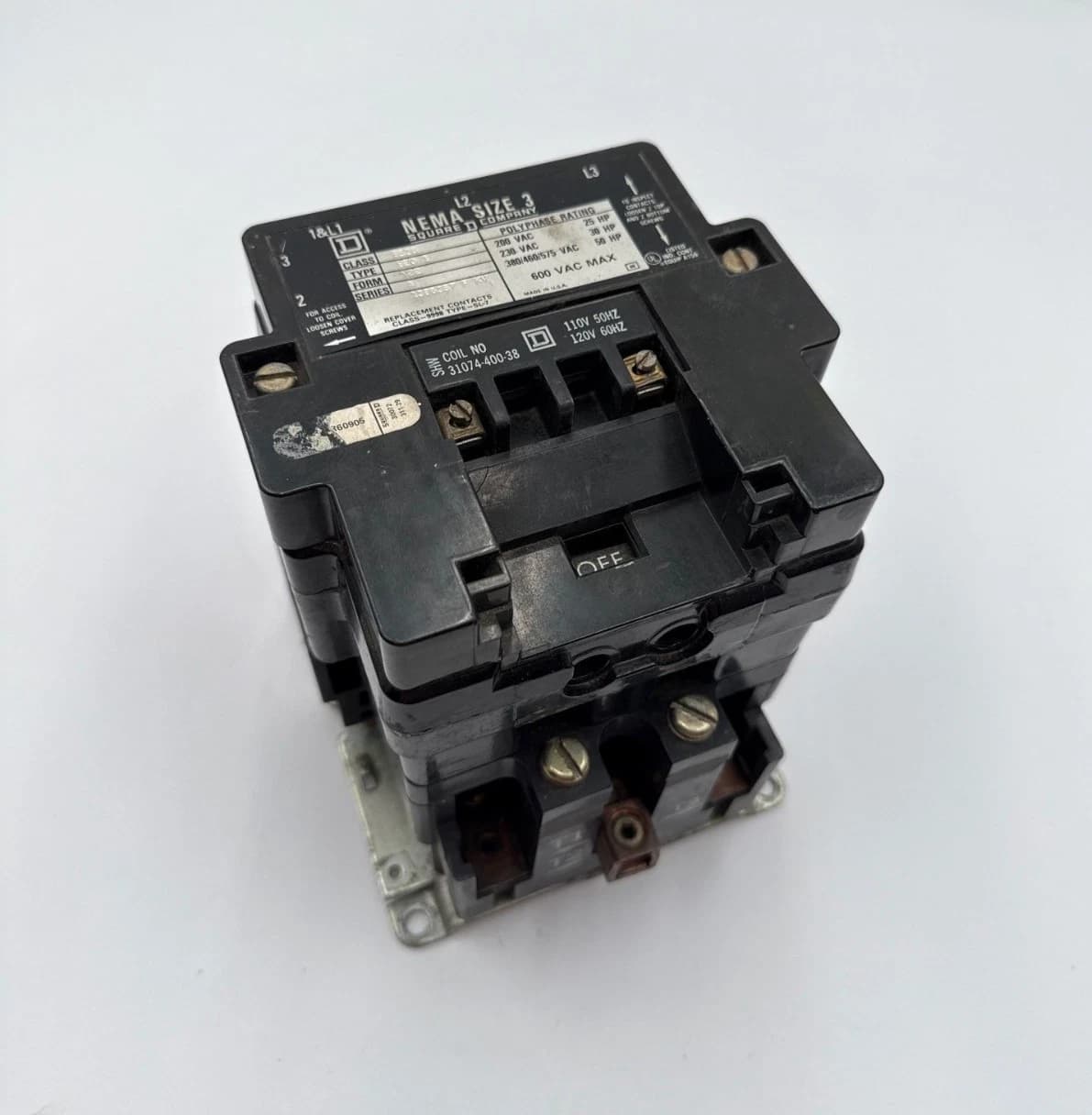 Sq D 8536SEO1S Y22 Contactor 90A 3P 600V NEMA Size 3 Coil 110/120V 31074-400-38