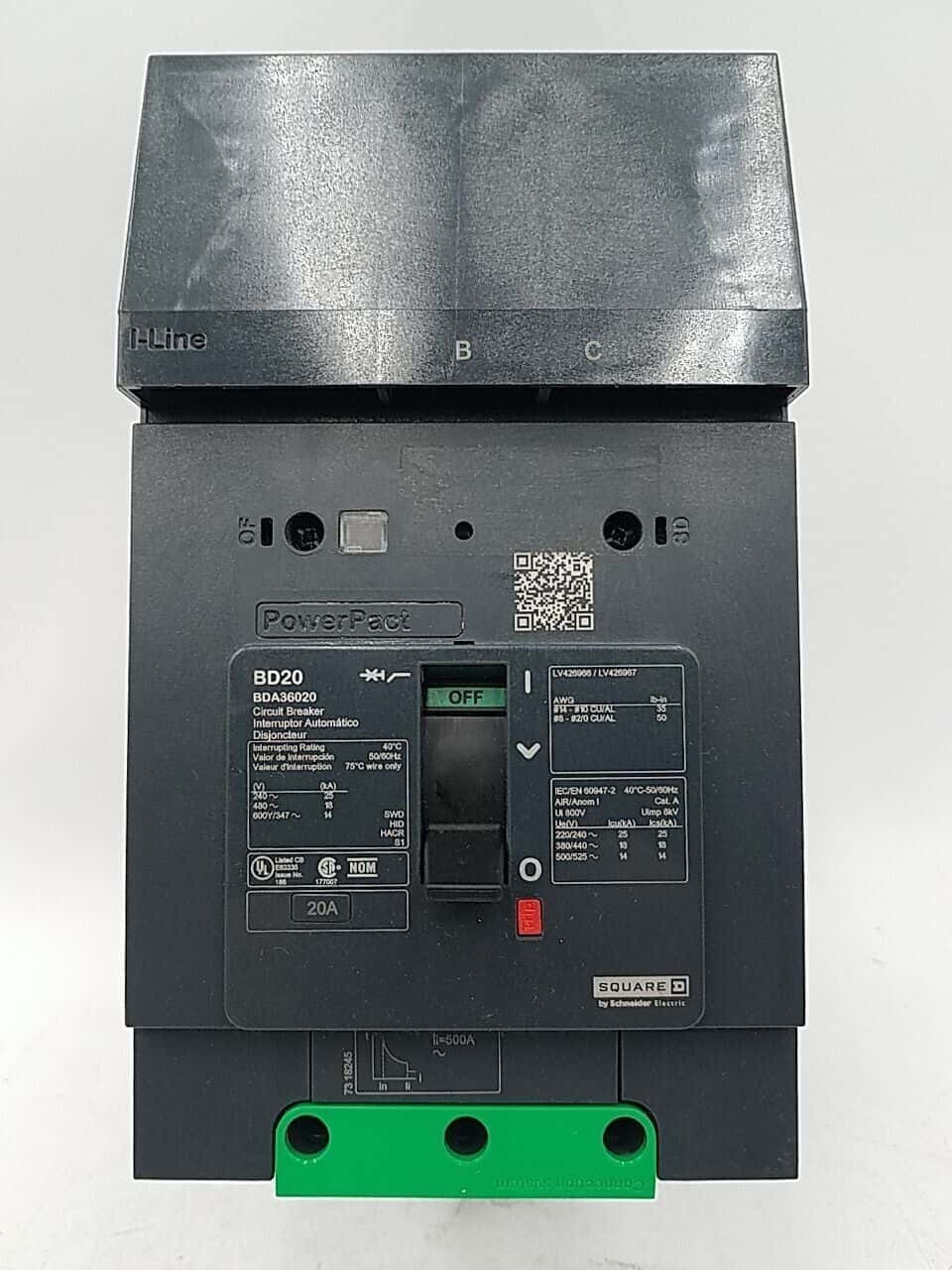 Square D BDA36020 I-Line Circuit Breaker 20A 3P 600V 3PH BDA 20 Amp 3 Pole BD20