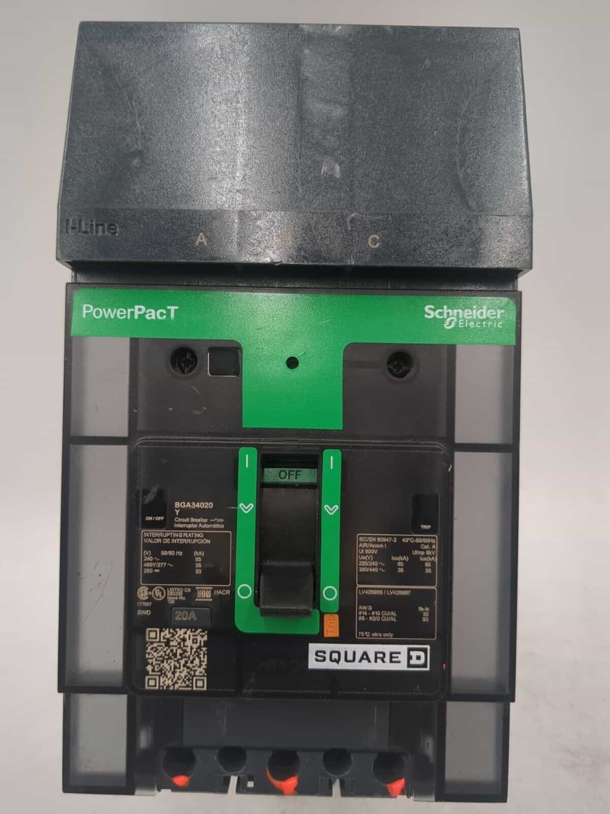 Square D BGA34020Y I-Line Circuit Breaker 20A 3P 480V BGA 20 Amp 3 Pole
