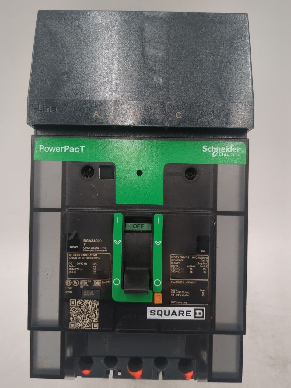 Square D BGA34020Y I-Line Circuit Breaker 20A 3P 480V BGA 20 Amp 3 Pole – image 1