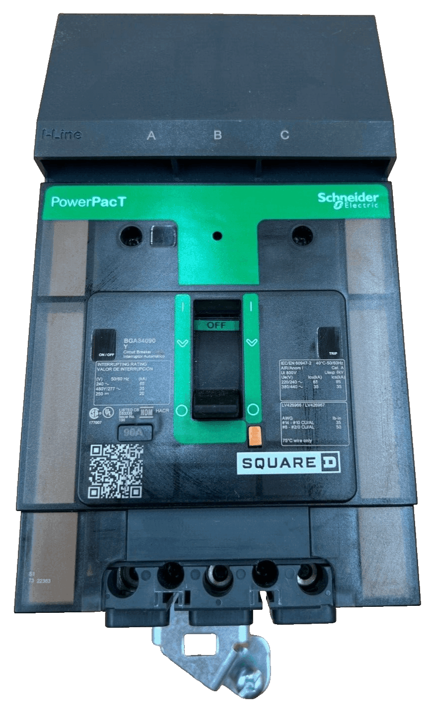 SQD BGA34090Y I-Line Circuit Breaker 90A 3P 480V 3PH BGA 90 Amp 3 Pole PowerPact
