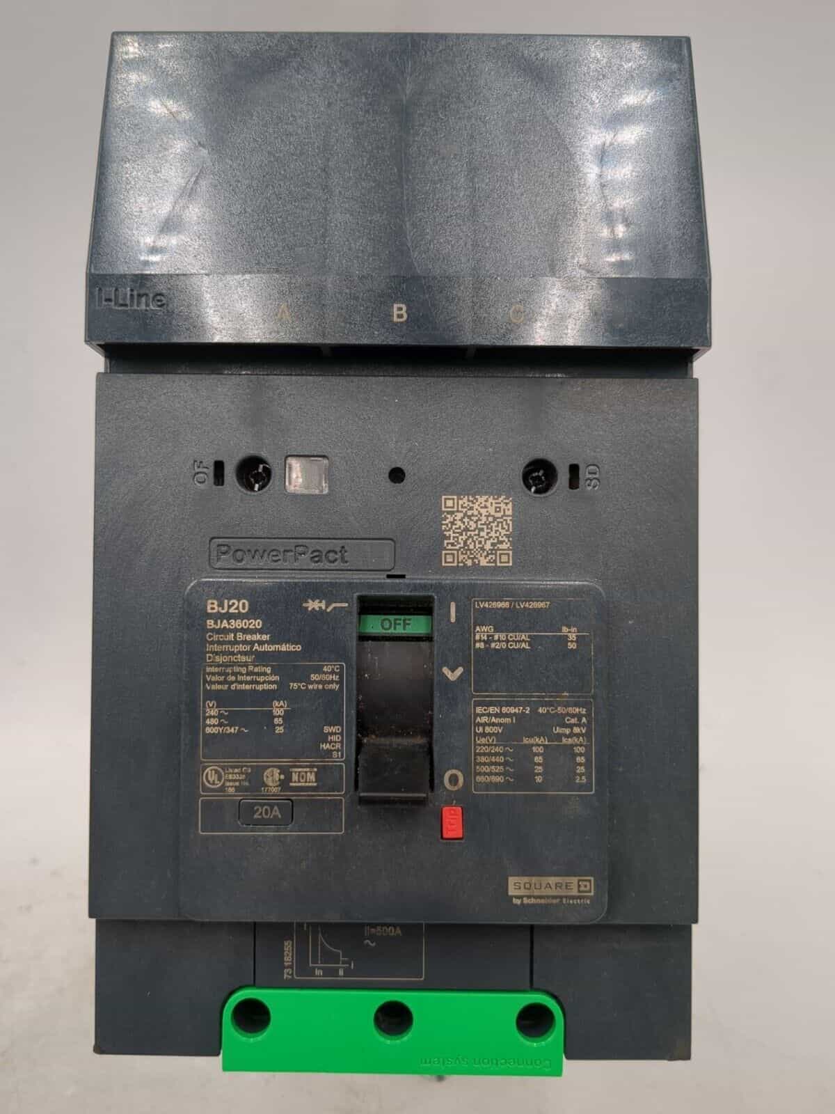 Square D BJA36020 I-Line Circuit Breaker 20A 3P 600V 3PH BJA 20 Amp 3Pole