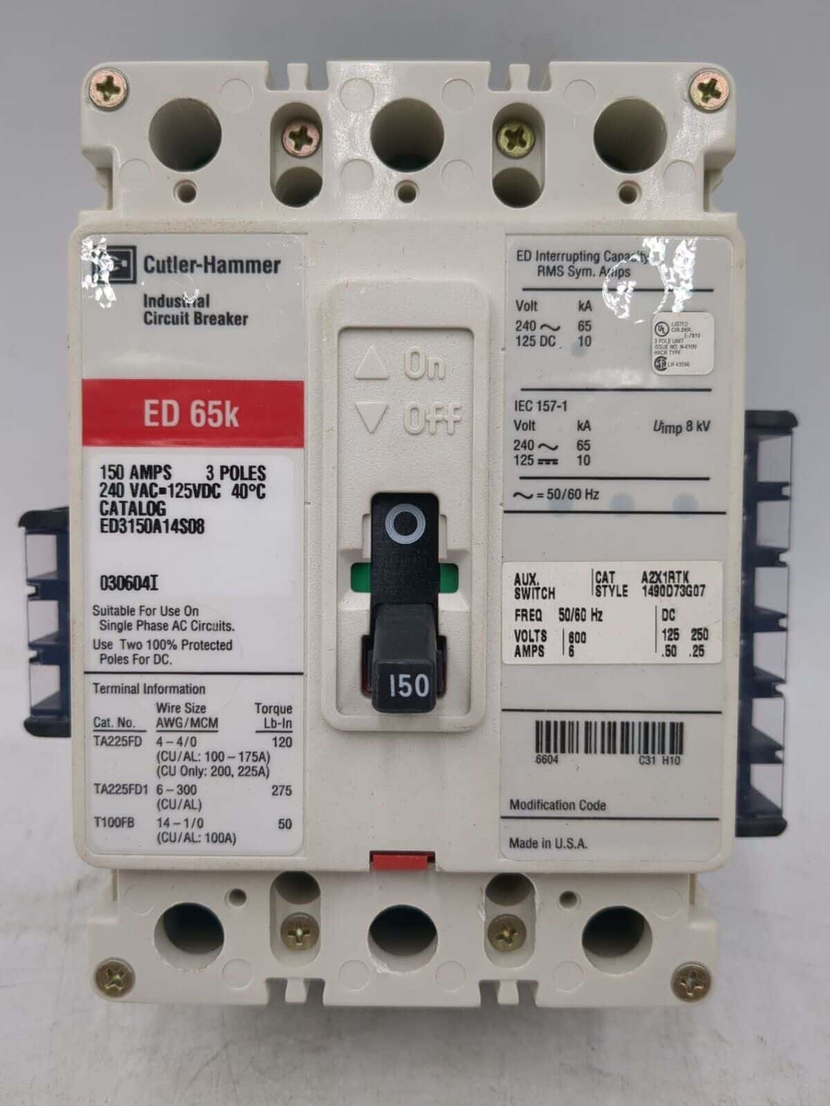 Cutler-Hammer ED3150A14S08 Circuit Breaker 150A 3P 240V ED 65k 150 Amp