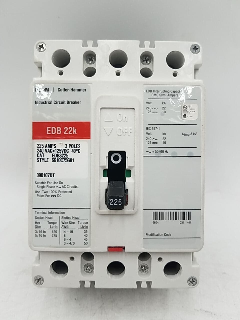 Eaton EDB3225 Circuit Breaker 225A 3P 240V EDB 22k 225 Amp 3 Pole – image 1