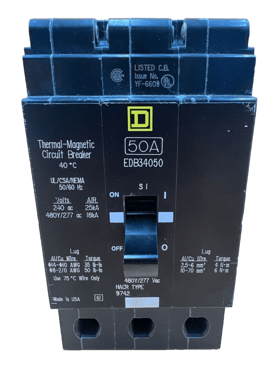 Square D EDB34050 50A 480/277V 3P Bolt On Circuit Breaker