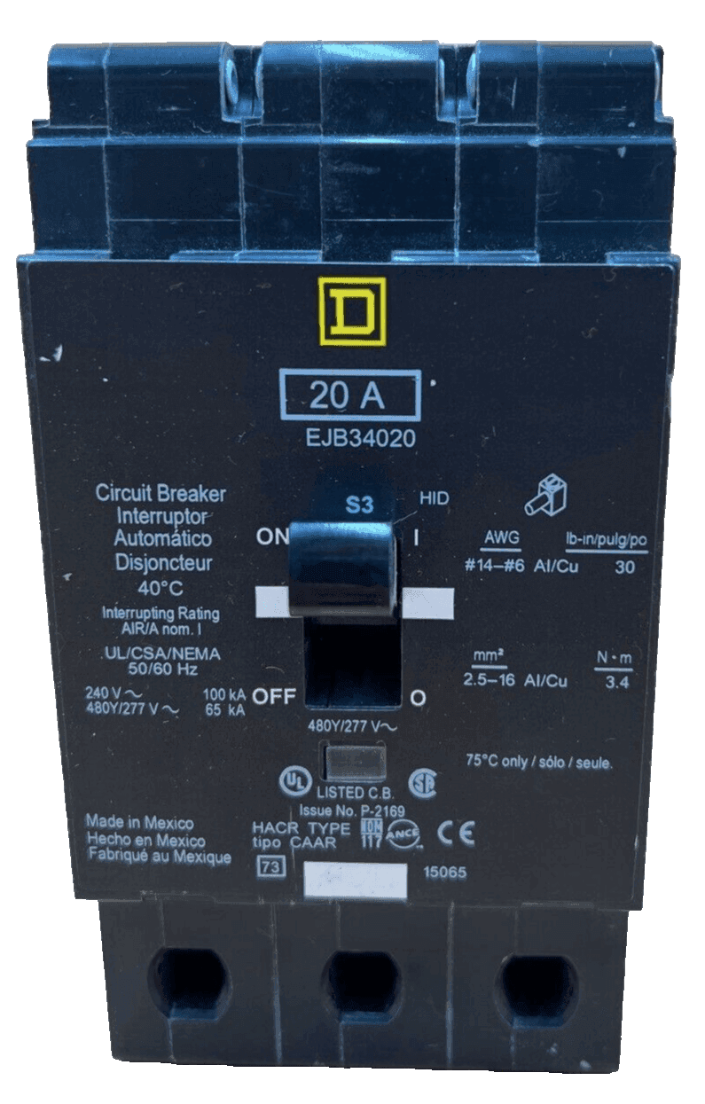 Square D EJB34020 Circuit Breaker 20A 3P 480V 3PH 20 Amp 3 Pole Bolt On