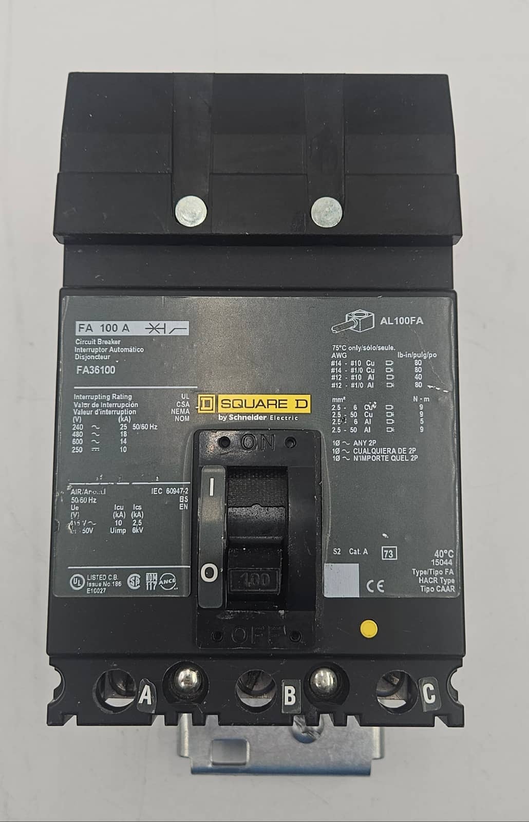 Square D FA36100 I-Line 100 Amp 3 Pole Circuit Breaker 600V