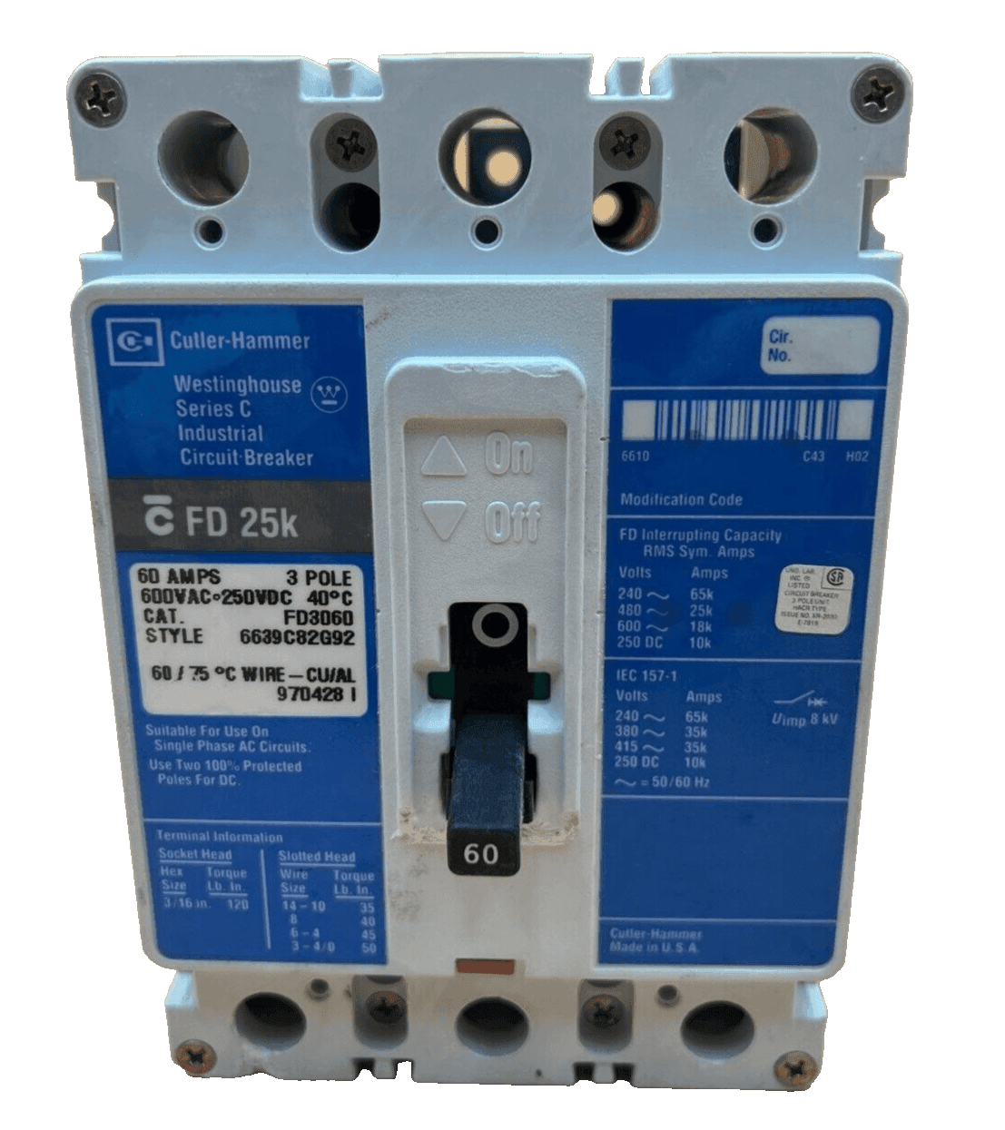 Cutler Hammer FD3060 Circuit Breaker 60A 3P 600V FD 35k 3 Pole 60 Amp
