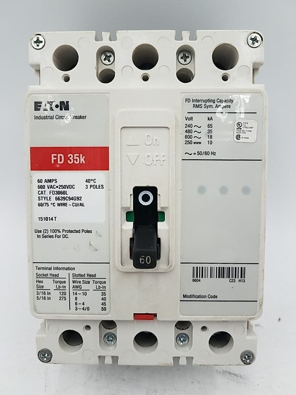 Eaton FD3060L Circuit Breaker 60A 3P 600V 3PH FD 3 pole 60 Amp 600 Volt – image 1