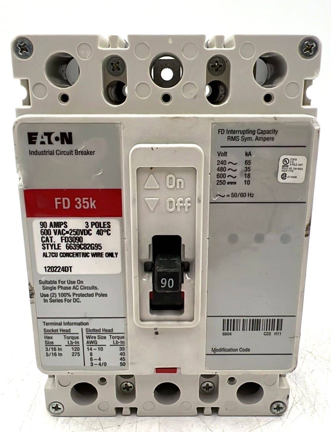 Eaton FD3090 Circuit Breaker 90A 480V 3PH 3 Pole