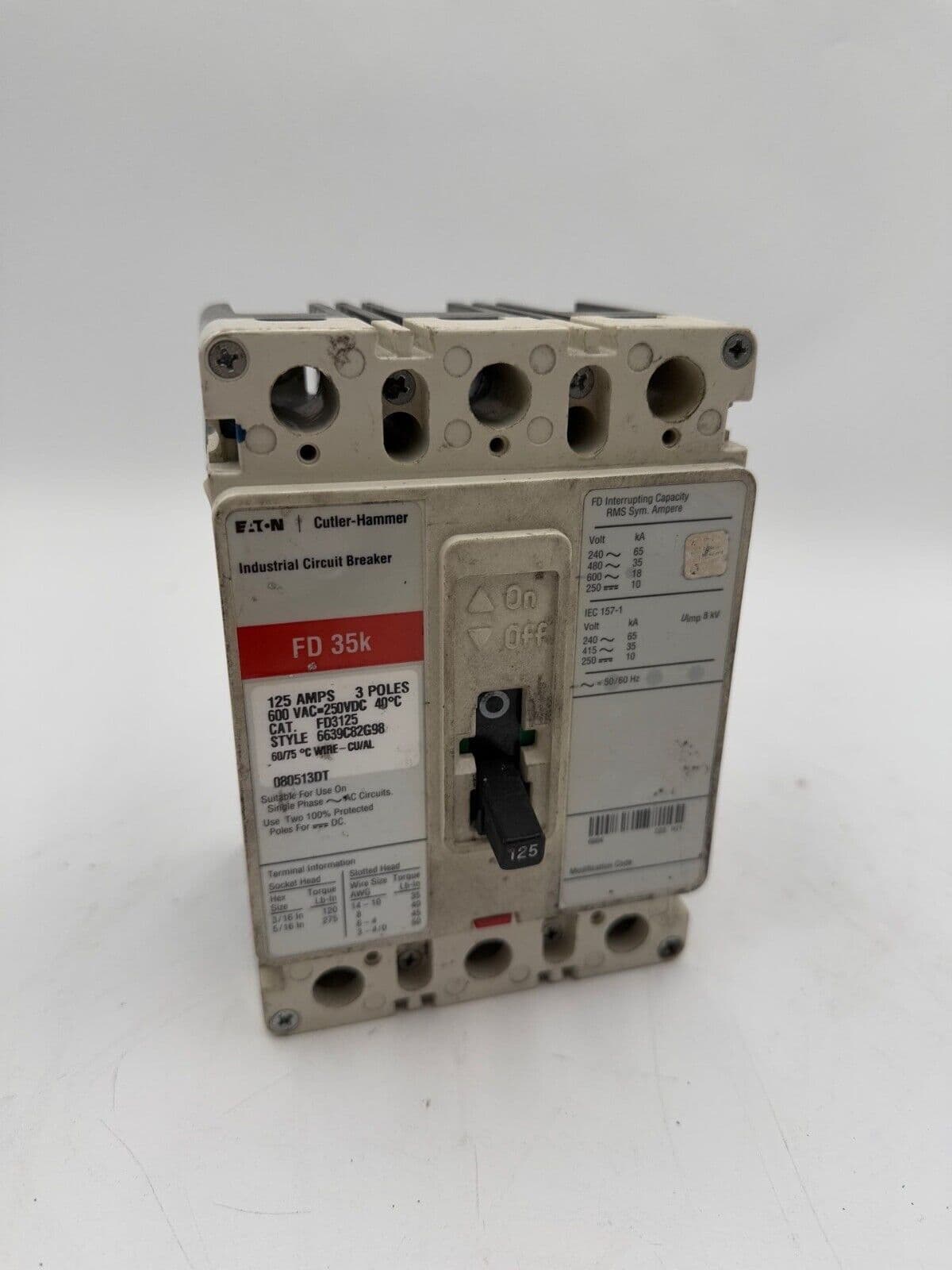 Eaton FD3125 Circuit Breaker 125A 3P 480V 3PH Bolt on 125 Amp 3 Pole – image 1