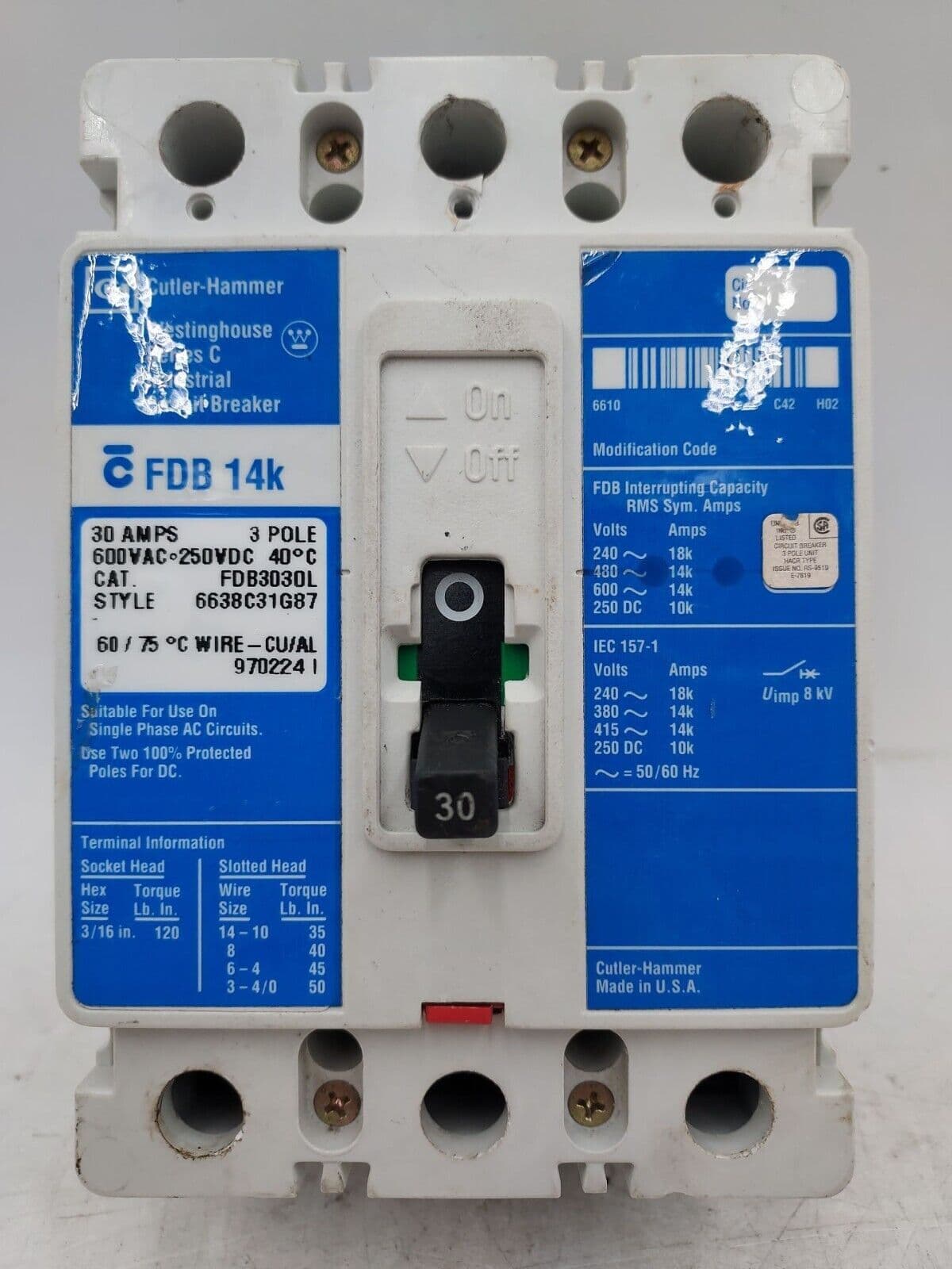 Eaton FDB3030L Circuit Breaker 30A 3P 600V 3PH 30 Amp 3 POLES BOLT ON – image 1