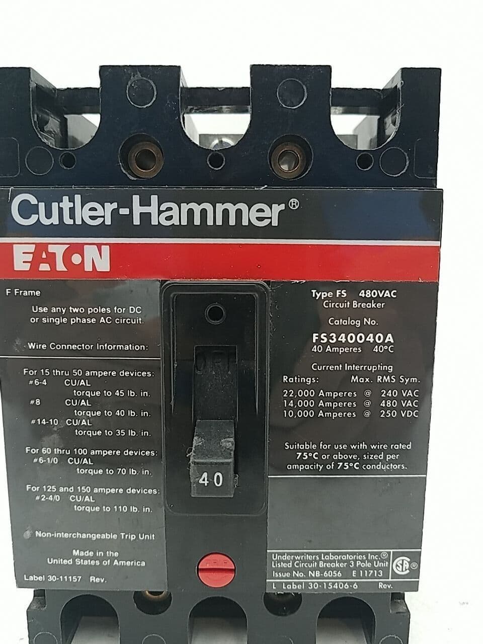 Cutler Hammer FS340040A Circuit Breaker 40A 3P 480V 3PH FS 40 Amp 3 Pole – image 1