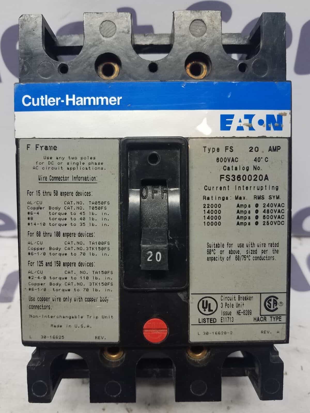 Cutler Hammer FS360020A Circuit Breaker 20A 3P 600V 3PH FS 20 Amp 3 Pole