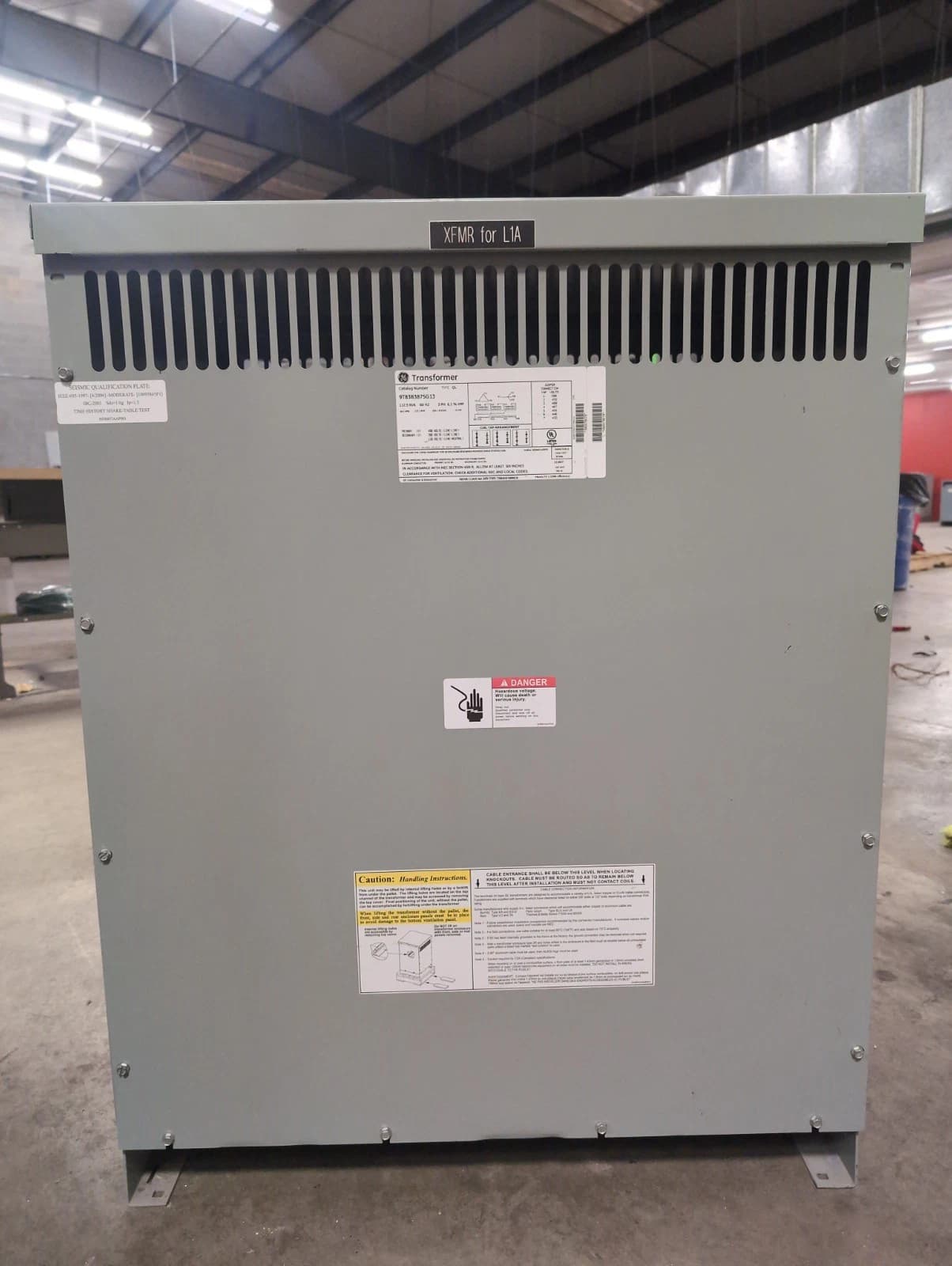 112.5KVA GE Transformer 9T83B3875G13 Indoor Encl Pri 480V Sec 208/120V 3PH 60Hz