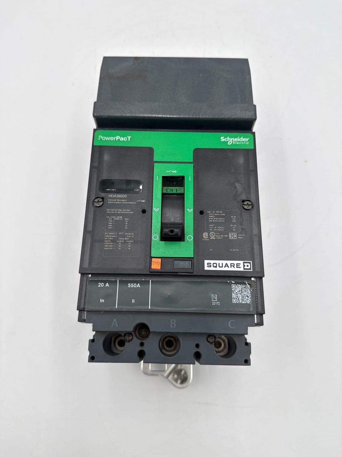 Square D HDA36020 I-Line Circuit Breaker 20A 3P 600V HDA PowerPact 20 Amp
