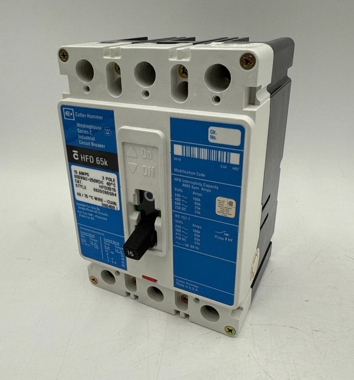 Cutler Hammer HFD3015 Circuit Breaker 15A 3P 600V 3PH HFD 65k 3 Pole 15 Amp – image 1