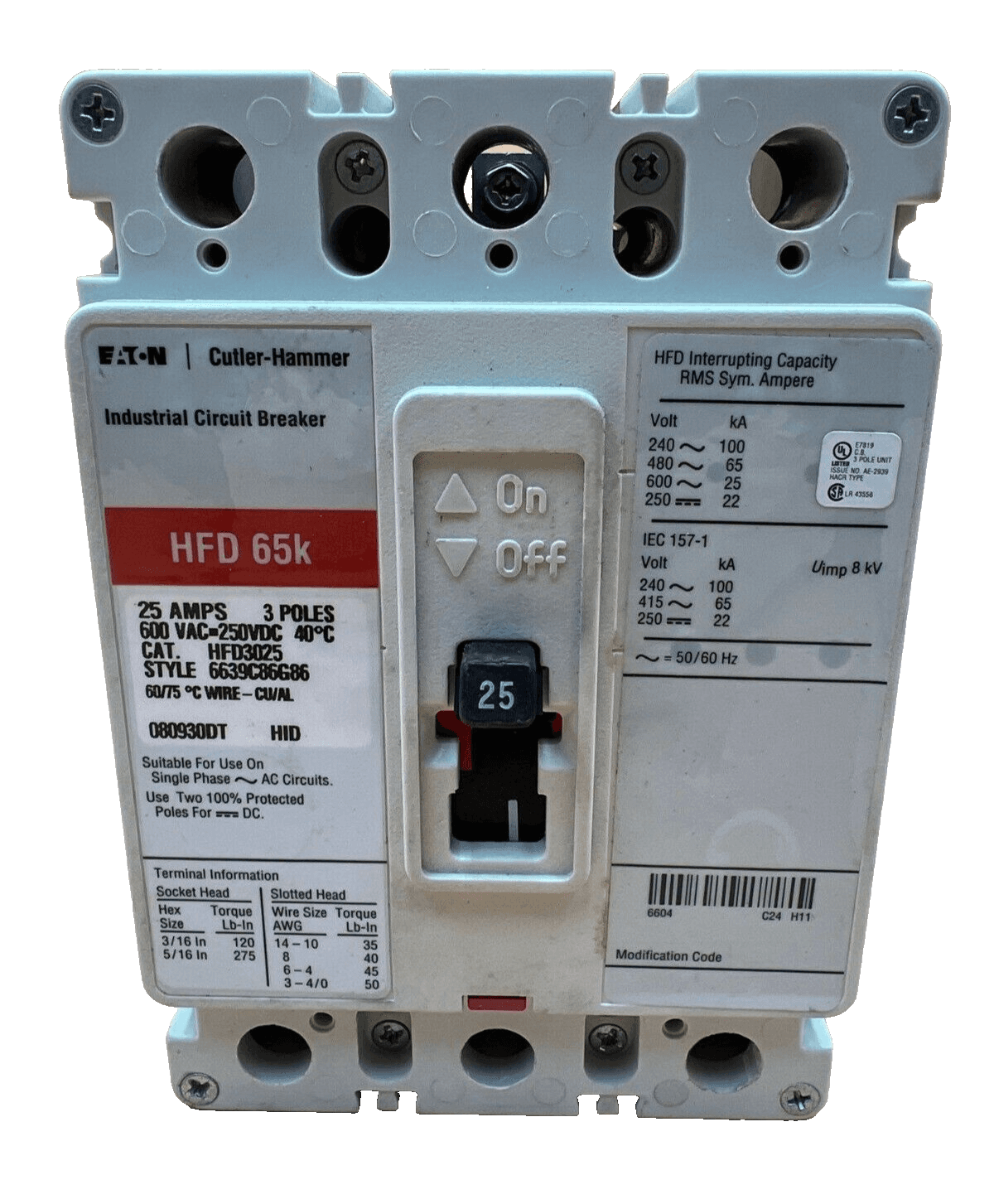 Eaton HFD3025 Circuit Breaker 25A 3P 600V 3PH HFD 65k 25 Amp 3 Pole – image 1