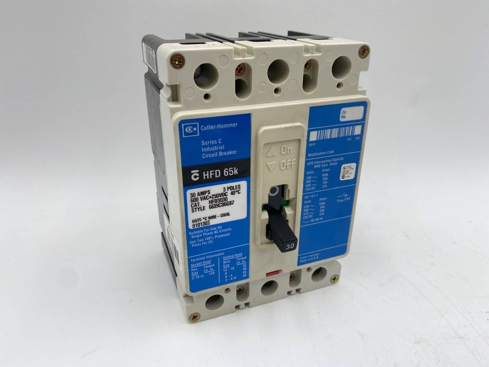 Eaton HFD3030 Circuit Breaker 30A 3P 600V 3PH HFD Bolt On 30 Amp 3 Pole BLUE