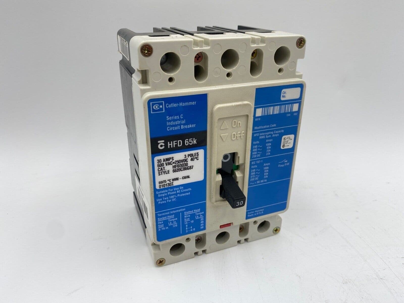 Eaton HFD3030 Circuit Breaker 30A 3P 600V 3PH HFD Bolt On 30 Amp 3 Pole BLUE – image 1
