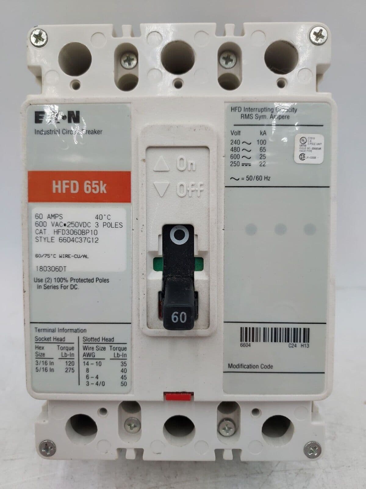 Eaton HFD3060BP10 Circuit Breaker 60A 3P 600V HFD 65k 60 Amp 3 POLE – image 1
