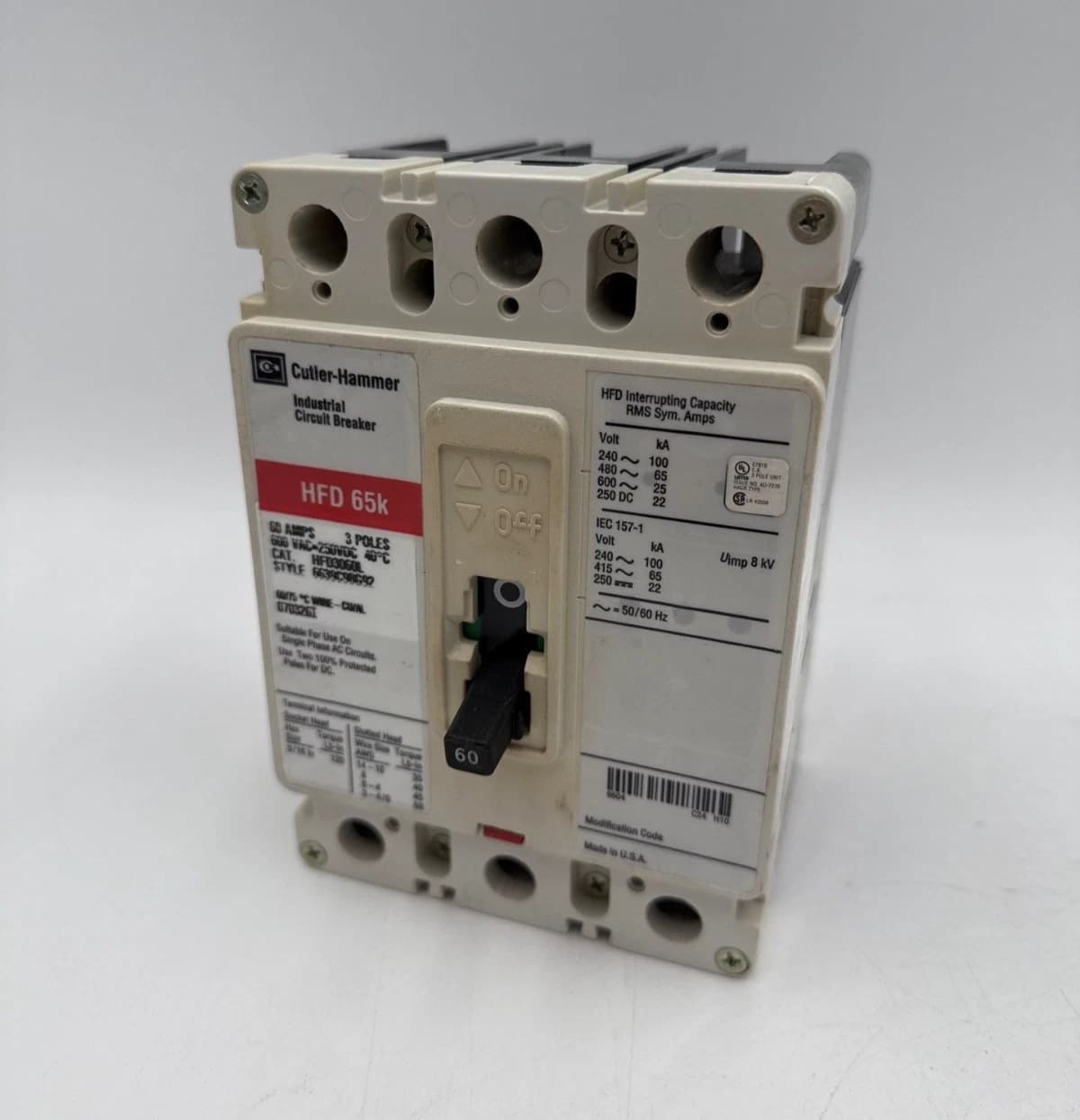 Cutler-Hammer HFD3060L Circuit Breaker 60A 3P 600V HFD 65k 60 Amp 3 Pole Used