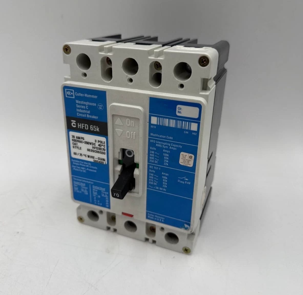 Cutler Hammer HFD3070 Circuit Breaker 70A 3P 600V 3PH 70 Amp 65k 3 Pole 600 Volt – image 1