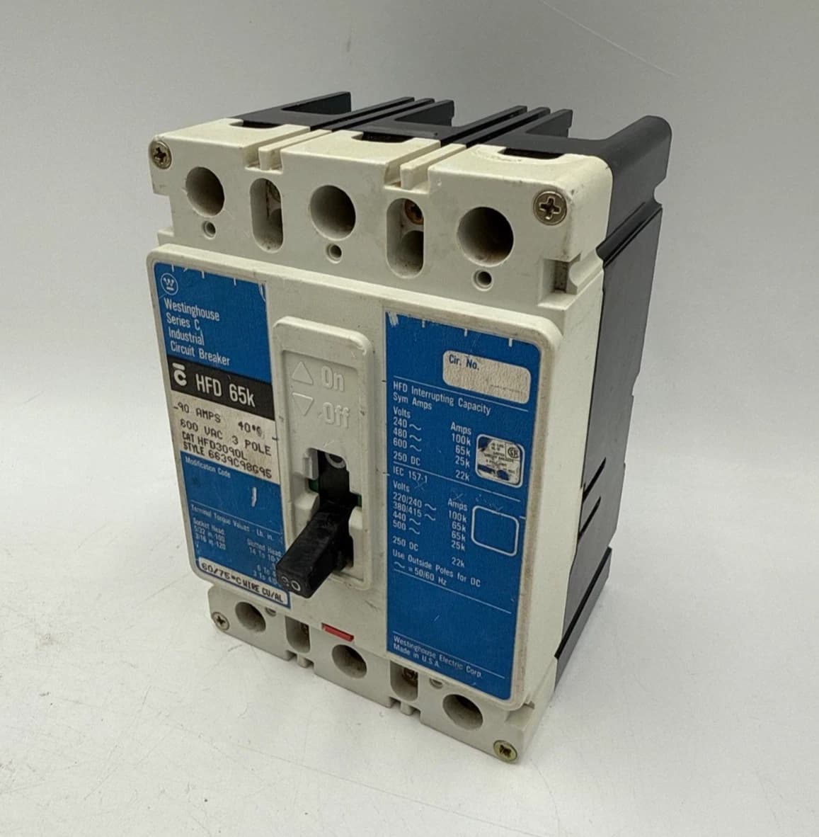 Westinghouse HFD3090L Circuit Breaker 90A 600V 3P HFD 65k 90 Amp 3 Pole – image 1