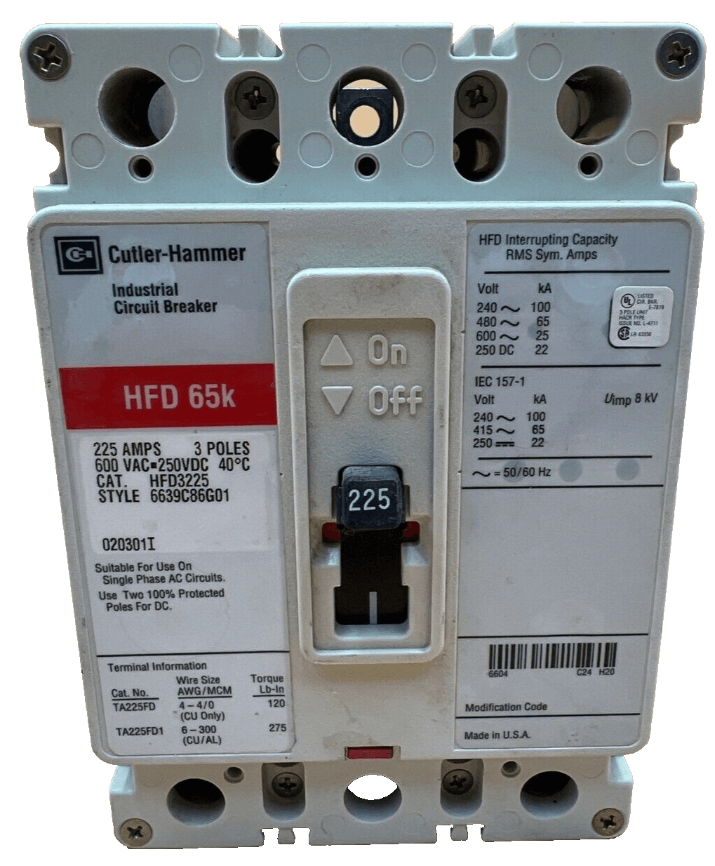 Cutler Hammer HFD3225 Circuit Breaker 225A 3P 600V 3PH HFD 65k 225 Amp – image 1
