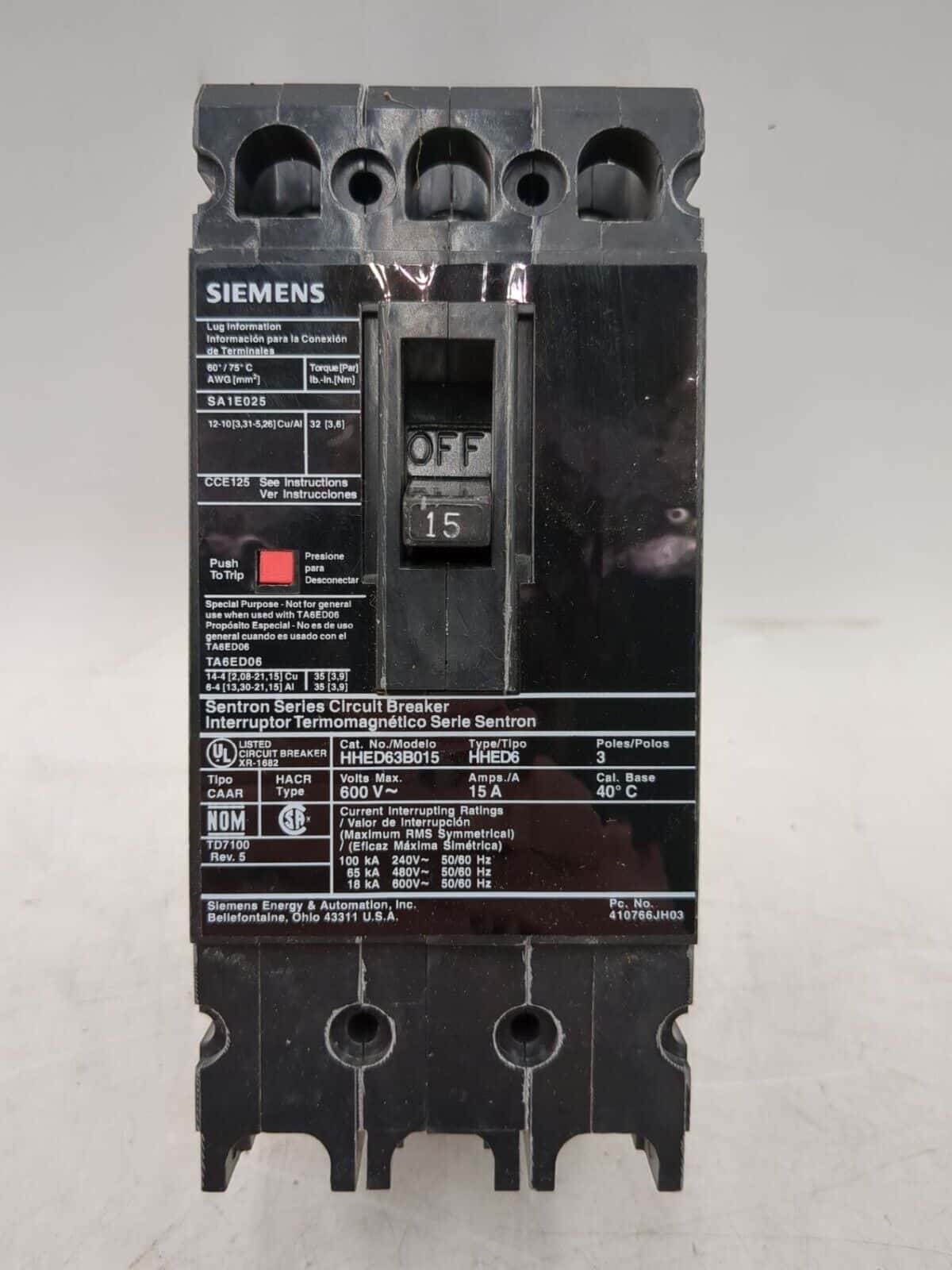 Siemens HHED63B015 Circuit Breaker — image 1 of 6