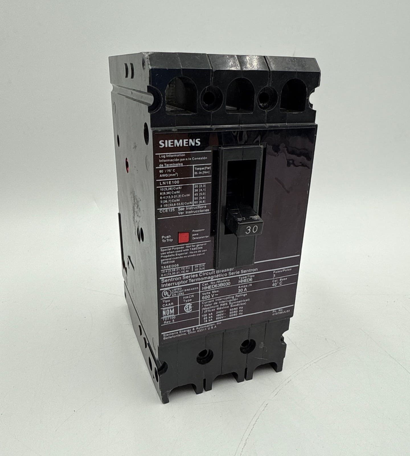 Siemens HHED63B030 Circuit Breaker 30A 3P 600V HHED Bolt On 30 Amp 3 Pole – image 1