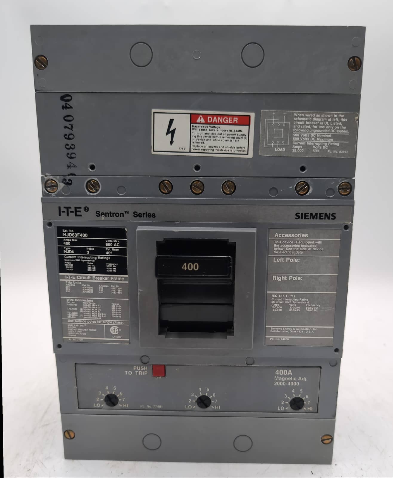 Siemens HJD63B400 / HJD63F400 Sentron Series 400A 600V 3-Pole Breaker 65kA
