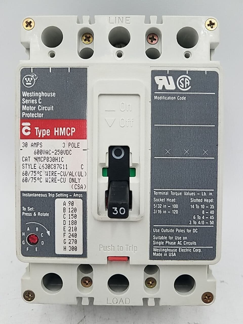 Eaton HMCP030H1C Circuit Breaker 30A 3P 600V 3PH HMCP 30 Amp 3Pole – image 1