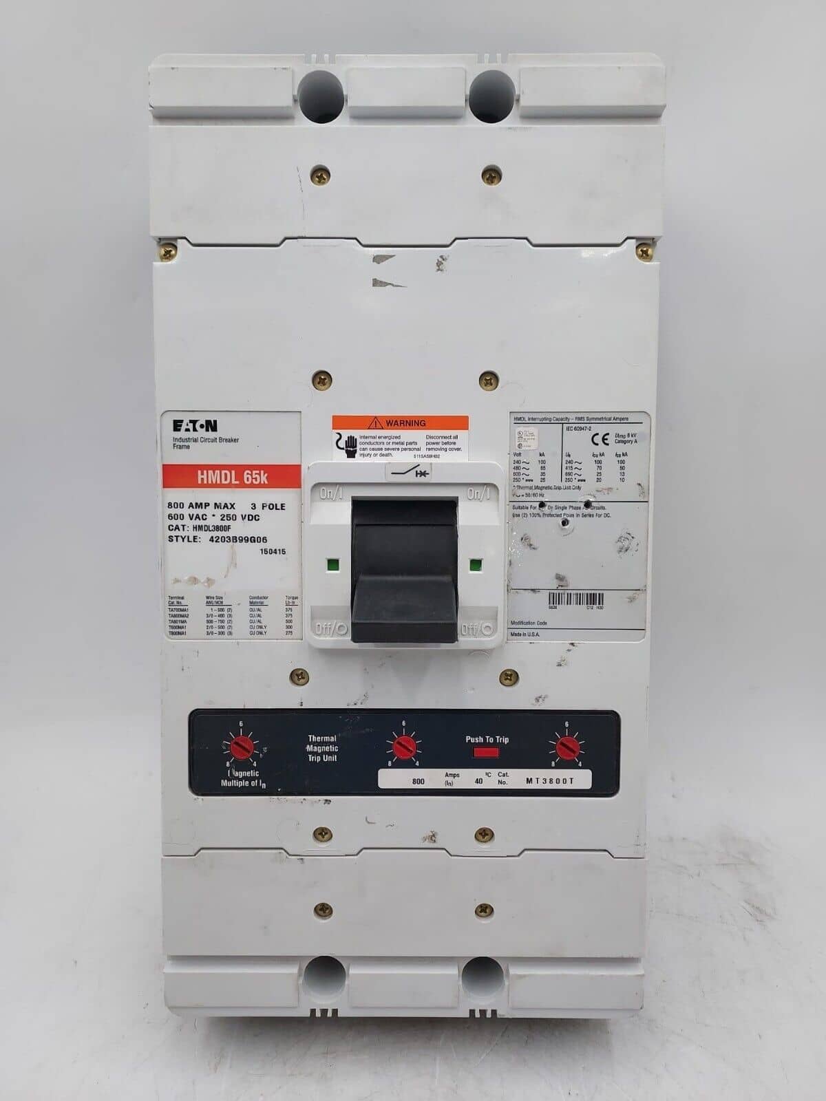 Eaton HMDL3800 Circuit Breaker 800A 3P 600V 65k 800 Amp w/ Aux Switch