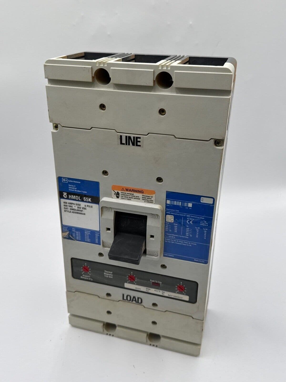 Cutler Hammer HMDL3800 Circuit Breaker 800A 3P 600V 3PH HMDL 65k 800 Amp 3 Pole – image 1