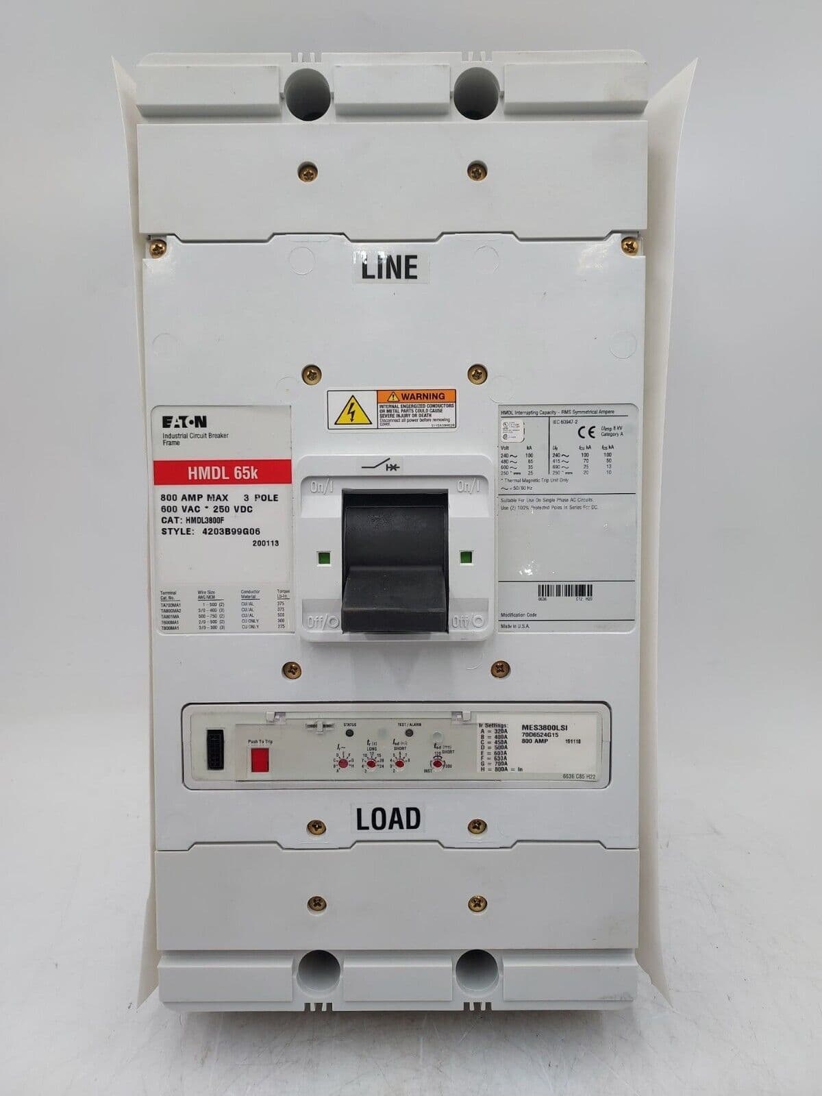 Eaton HMDL3800 Circuit Breaker 800A 3P 600V 65k 800 Amp 3 POLES BOLT ON New – image 1