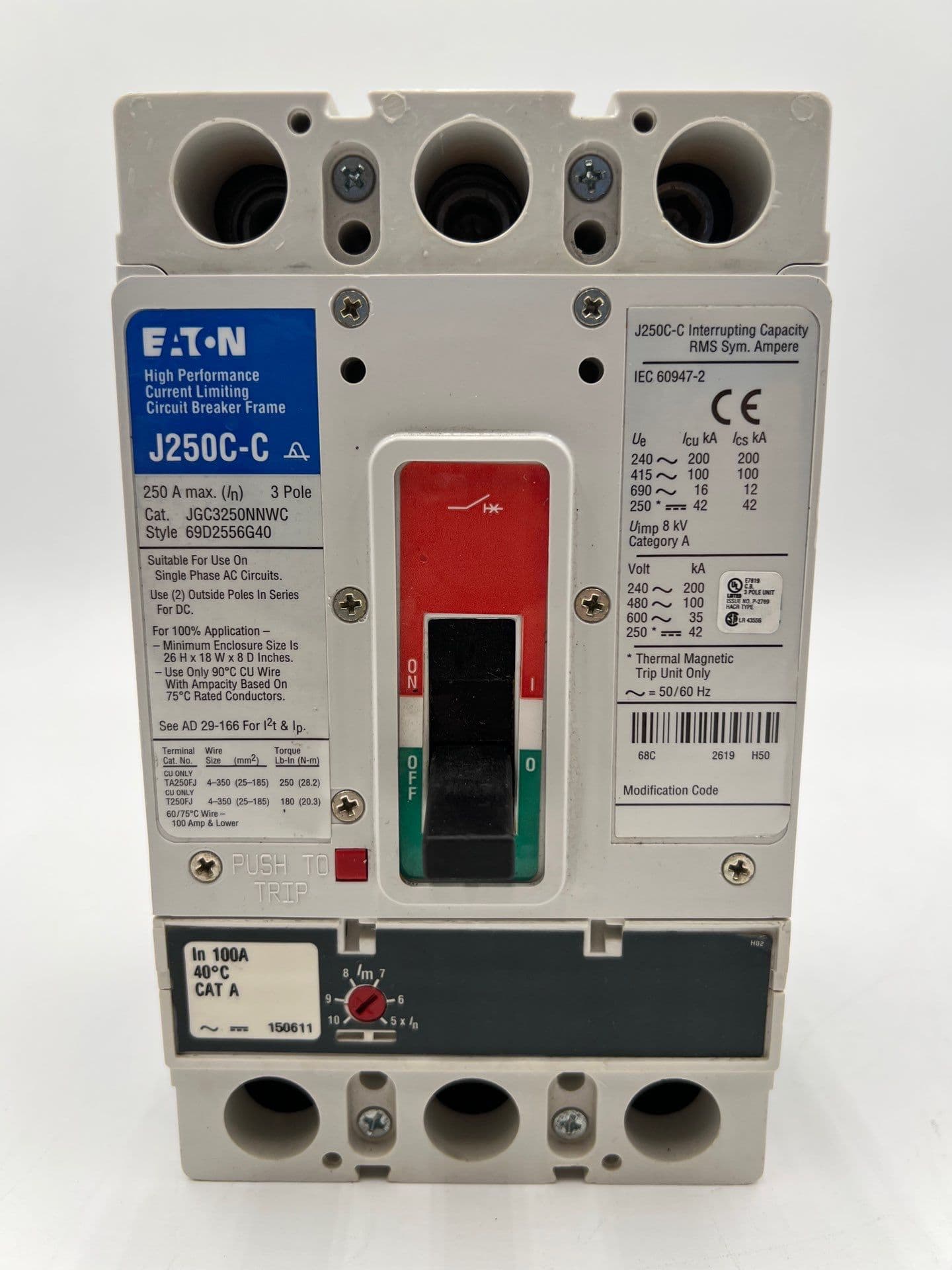 Eaton JGC3250NNWC Circuit Breaker 100A 3P 600V 3PH Bolt On JGC3100 – image 1