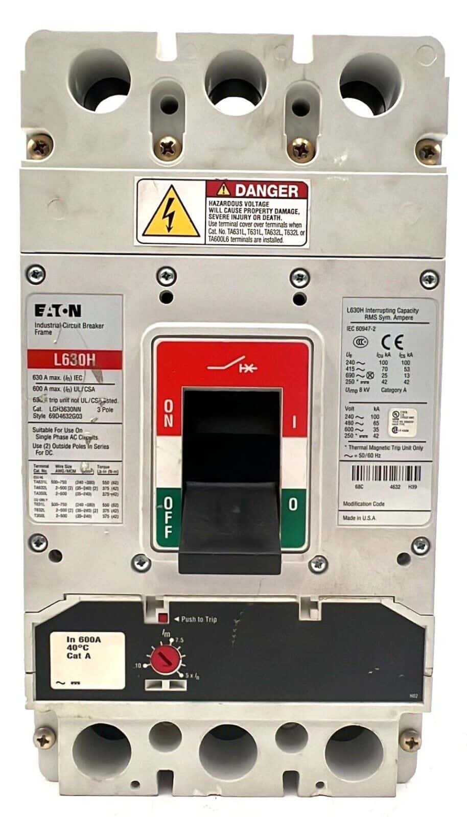 Eaton LGH3630NN Circuit Breaker 600A 3P 600V L630H 600 Amp 3 Pole