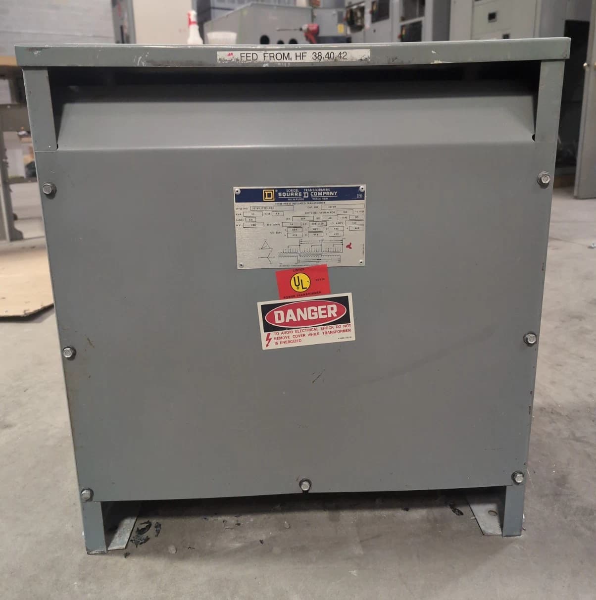 45 KVA Square D 45T3H Transformer Pri 480V Sec 208/120V 3PH 60Hz Indoor Encl