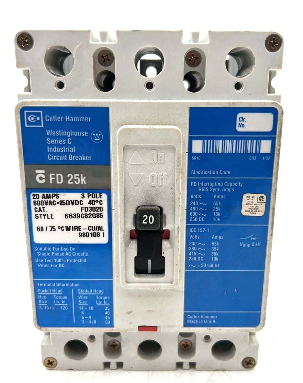 Cutler-Hammer FD3020 Circuit Breaker — image 1 of 6
