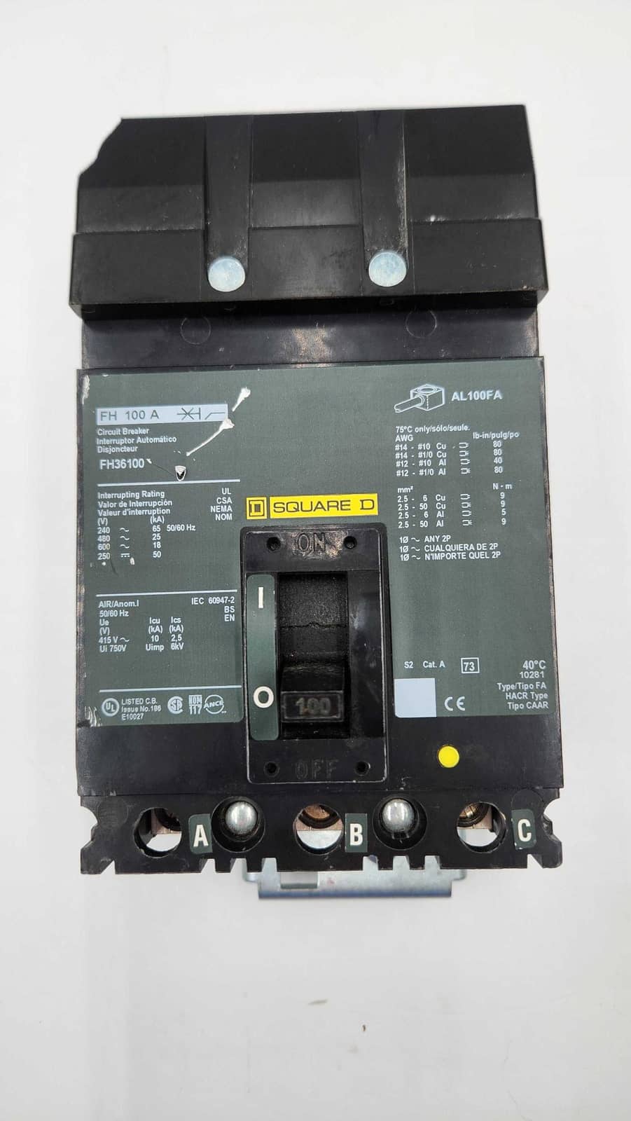 Square D FH36100 I-Line Circuit Breaker 100A 600V 3P