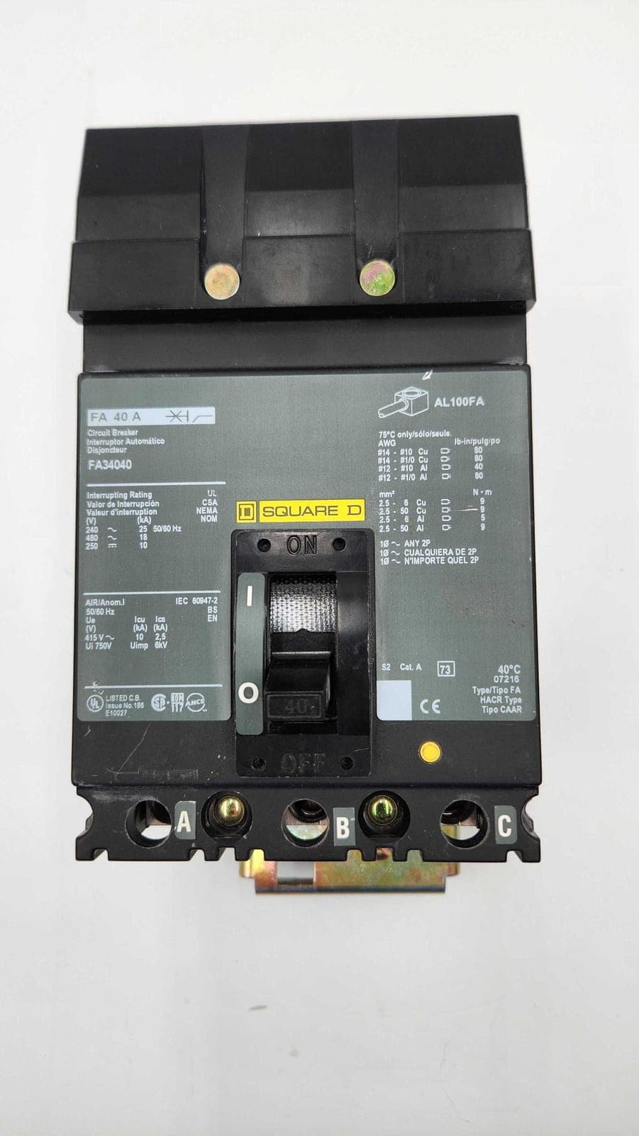Square D FA34040 I-Line Circuit Breaker 40A 3P 480V