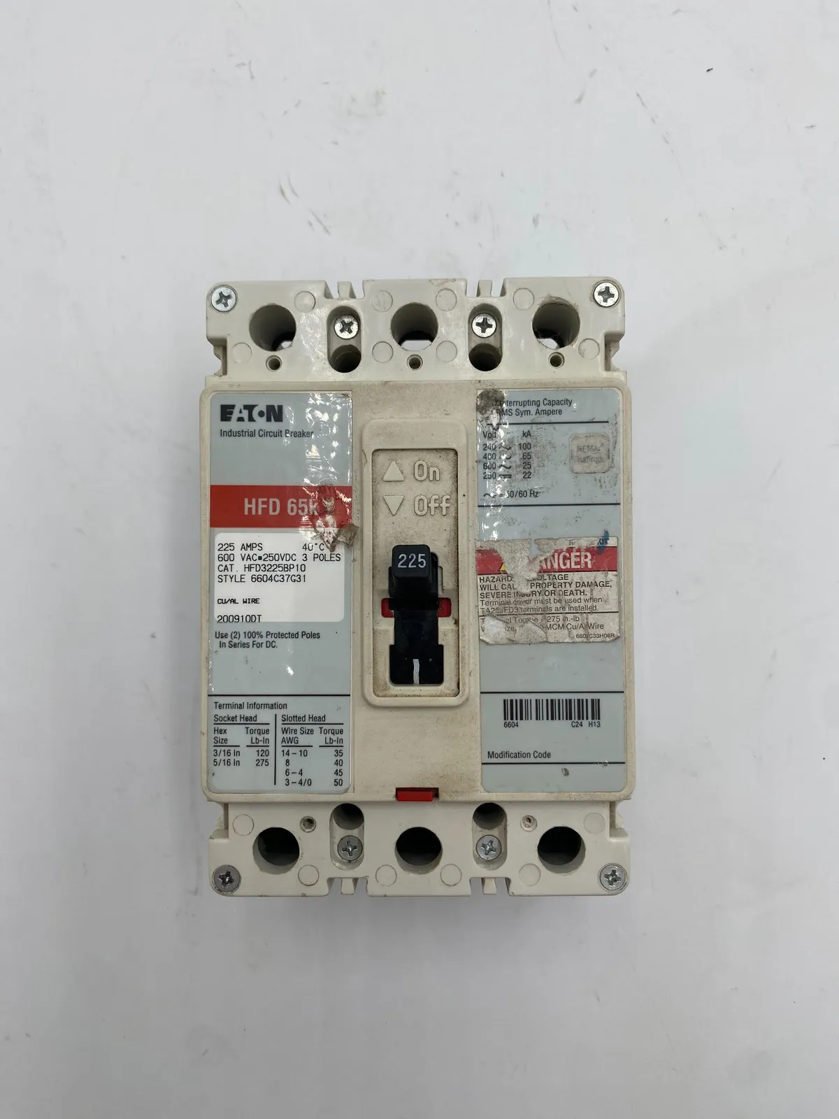Eaton HFD3225BP10 Circuit Breaker 225A 600V 3 Pole